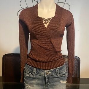 Elegant Brown Wrap-Style Long Sleeve Top